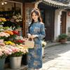 Blue national style new Chinese style Suzhou medium and long sleeved cheongsam improved young women's high sense small spring and autumn