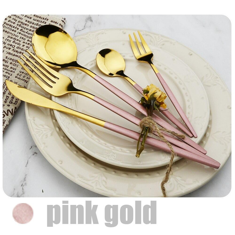 Mátově zelená zlatá sada nádobí Sada příborů na cesty, kemping, nůž, vidlička, lžíce, přenosná šedá taška, sada nádobí z nerezové oceli