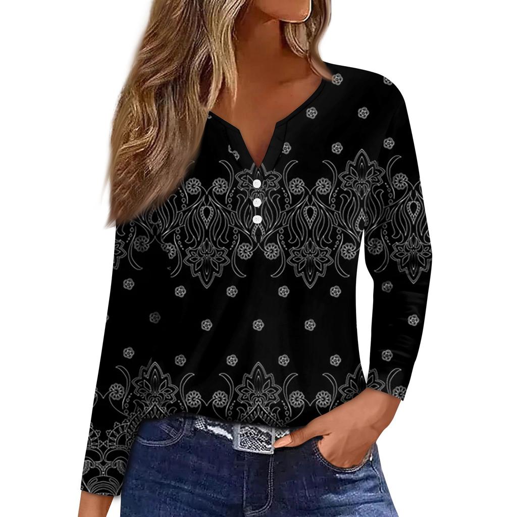 Women's T Shirt Tee Button Floral Print Long Sleeve Daily Weekend Fashion Basic V-Neck Regular Top