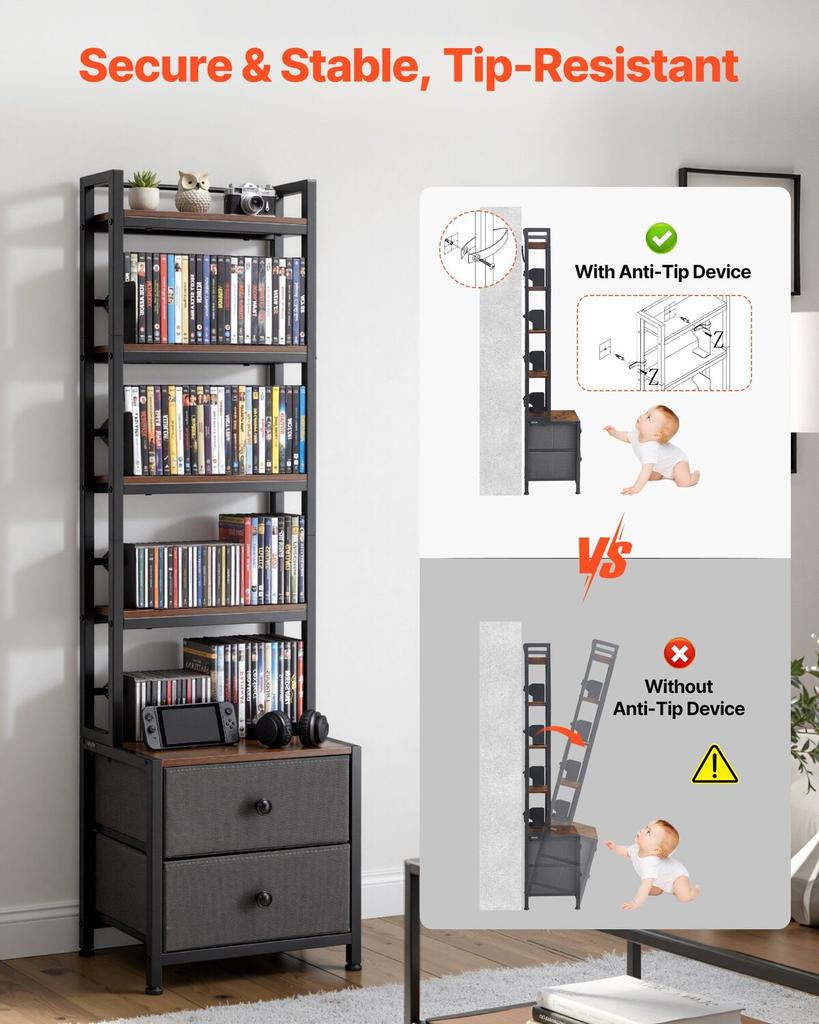 Media Storage Cabinet, 4-Shelf DVD Shelf Organizer with Drawers, 40 X 30 X 143.5 Cm Multimedia Storage Organizer for CDs, DVDs, Books and Games, CD