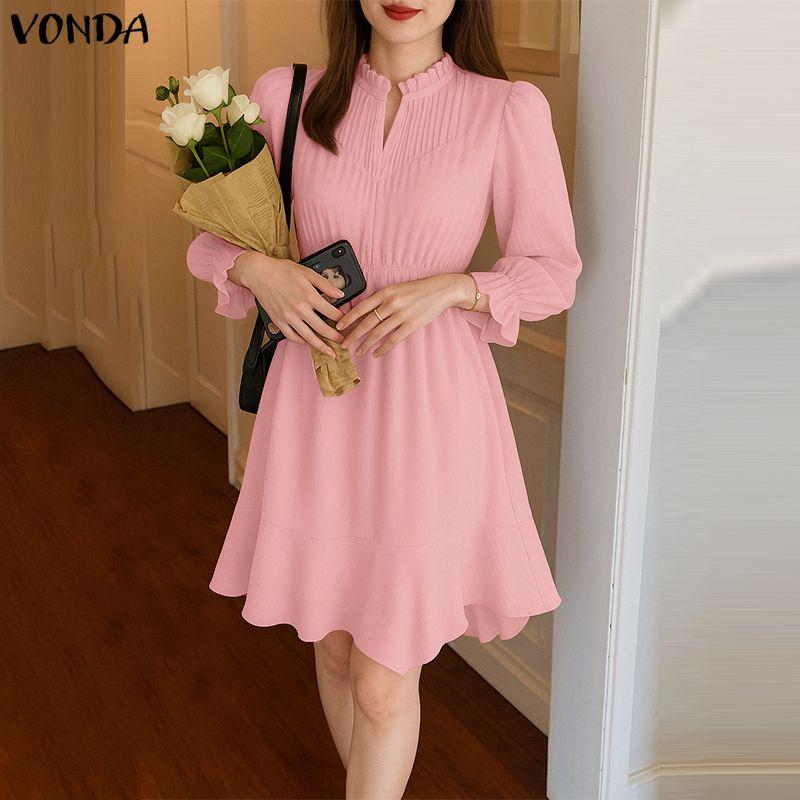VONDA Women Casual Stand Neck Long Sleeve Pleating Ruffled Mini Elegant Dress