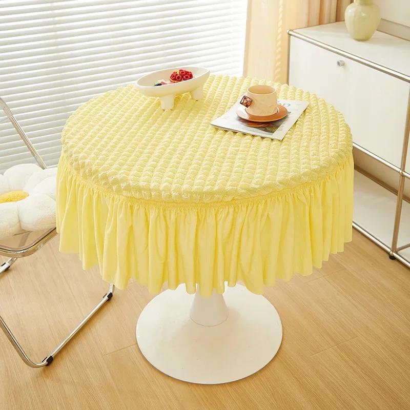 Round Bubble Gauze Tablecloth Seersucker Solid Color Elastic Table Skirt Modern Simple Style Home Decoration Dining Table Cover
