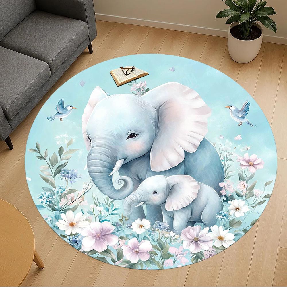 1PC Elephant Family Flowers Office Round Area Rug, Under Office Chairs Bedroom Living Room Home Decor, Carpet for Office -1110080