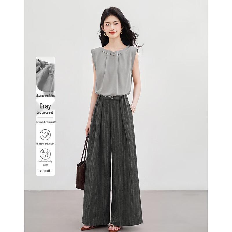 Elegant Sleeveless Top Trousers Women s Set L серый