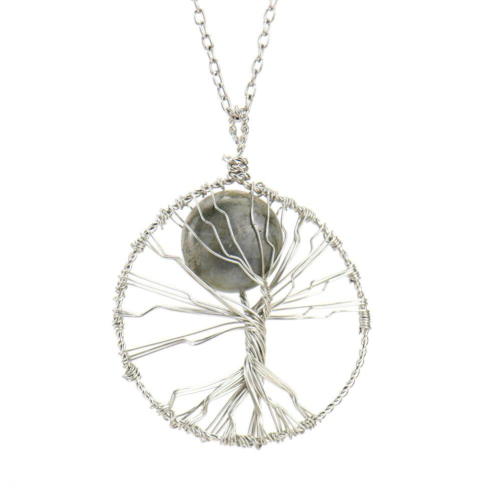 Hand-Wrapped Natural Crystal Agate Disc Tree Of Life Pendant Necklace N116
