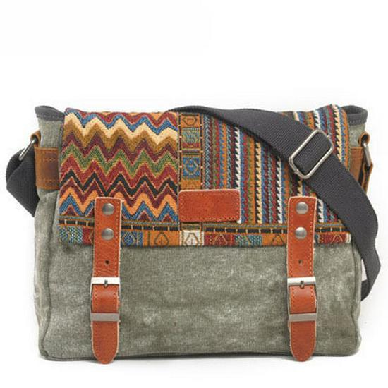 Ethnic Patchwork Canvas Shoulder Bag with Cowhide Buckle and Retro Webbing Design