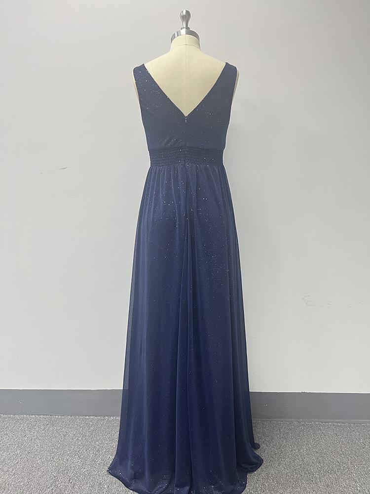 2024 Sparkling Chiffon Sleeve Double V-Neck A-Line Bridesmaid Dress with Side Slit