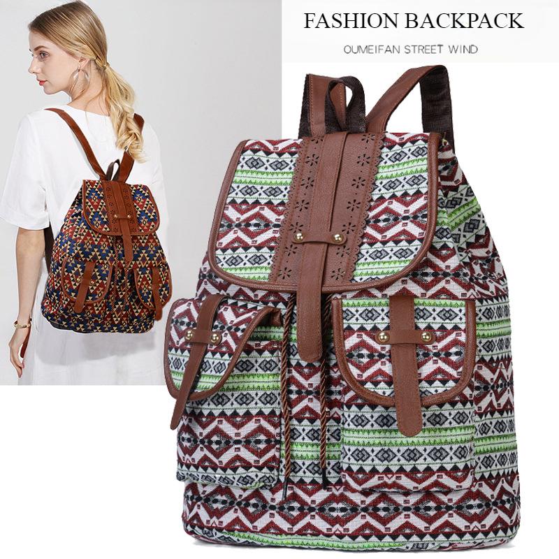 Ethnic Style Retro Women's Backpack Personalized Fashion Pattern Plaid Double Shoulder Bags Casual Large Capacity Drawstring Female Travel Rucksacks