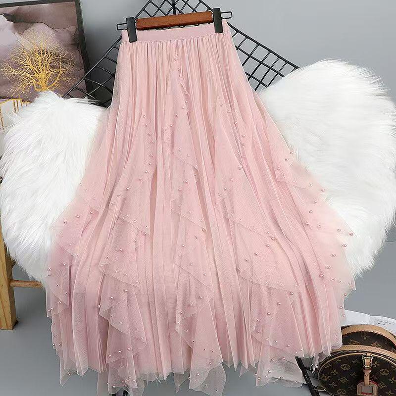 Women's Beaded Mesh High Waist A-Line Skirt - Spring/Summer Korean Style with Irregular Hem and Good Drape