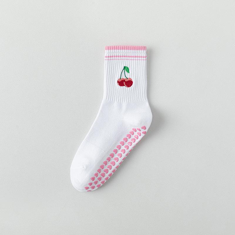 

Женские вязаные носки до середины икры с вышивкой вишни, нескользящие, с оборкой по краю Cherry Yoga Socks Size 35-40