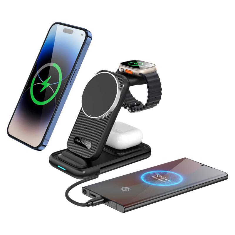 3-in-1 Foldable Wireless Charging Stand with Magnetic Cable for Fast Charging