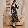 Bailuyu 2025 Autumn V-Neck Floral Print Tie-Waist Midi Tea Dress