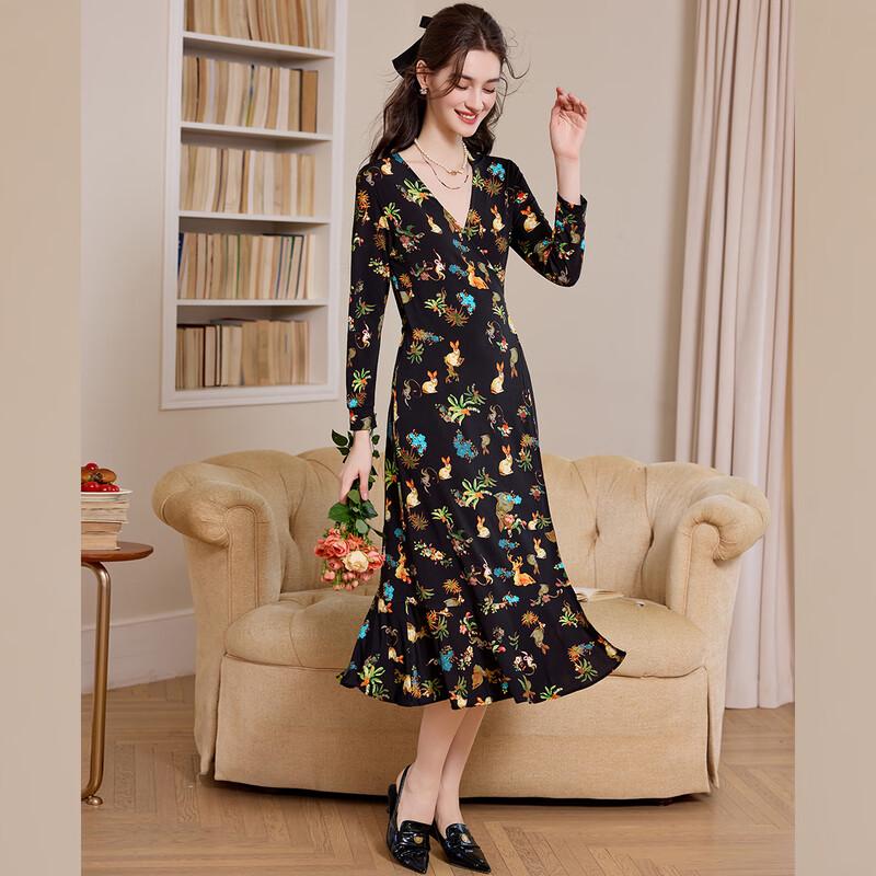 Bailuyu 2025 Autumn V-Neck Floral Print Tie-Waist Midi Tea Dress