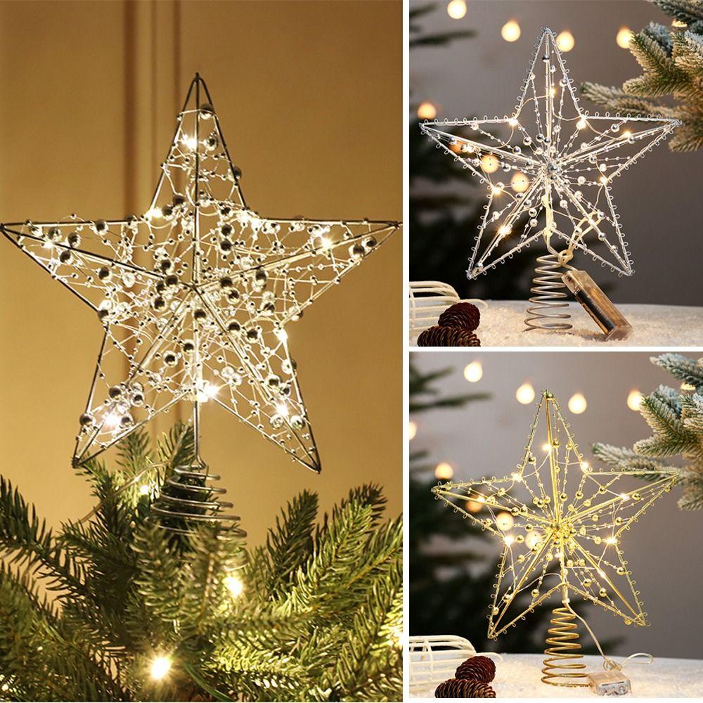Gold Iron Xmas Tree Ornaments Pearl Wire LED Glowing Star Lamp New Home Decoration Party Decor