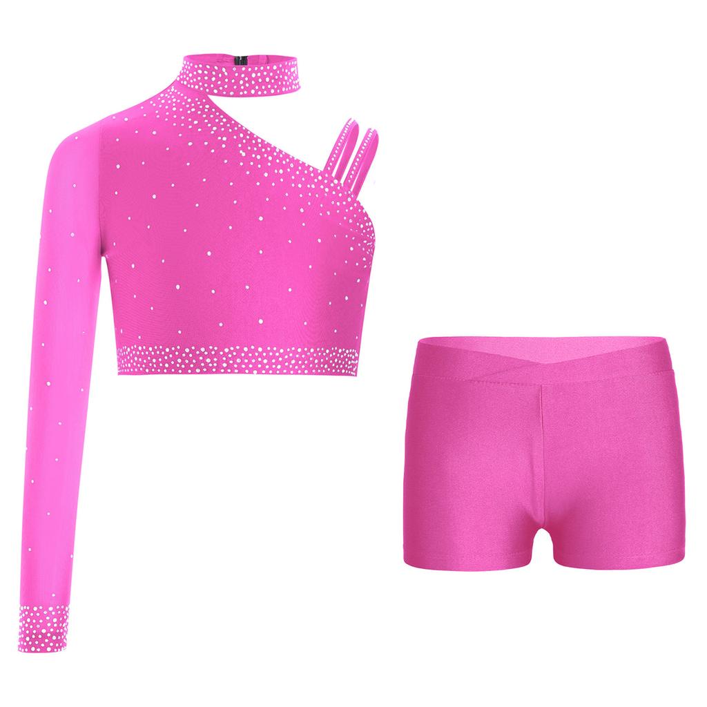 Girls Dance Performance Top Sparkly Rhinestone Irregular Shoulder Crop Top V Front Waistband Shorts