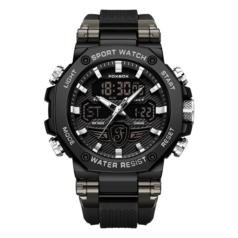 For FB0062 Luxury Gold Sport Watch Men 50m Waterproof Quartz Luminous Hands Chronograph Digital Watch Alarm Stop Silicone Watch