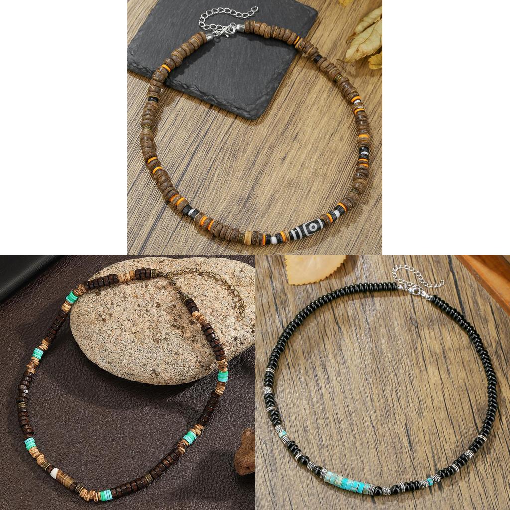 Geometrische Herrenkette Mit Kokosnussschalen-Anhänger Handgefertigte Stahlkette Für Lässigen Stil