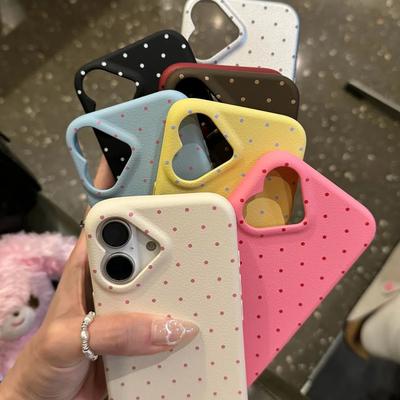Korean Cute Love Heart Shape Camera Dots Leather Case For For Iphone 17 Air 16 Pro 15 14 13 12 Pro Max Japan Kawaii Girl Soft Cover