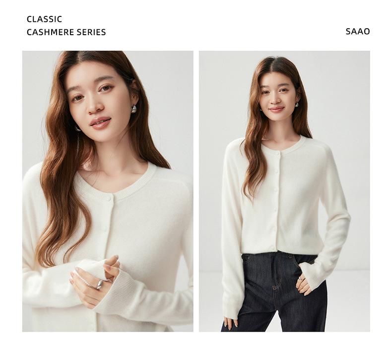 Women's Elegant Cashmere Cardigan - Round Neck, Saddle Shoulder, Versatile Single-Breasted Top for Autumn/Winter 2026