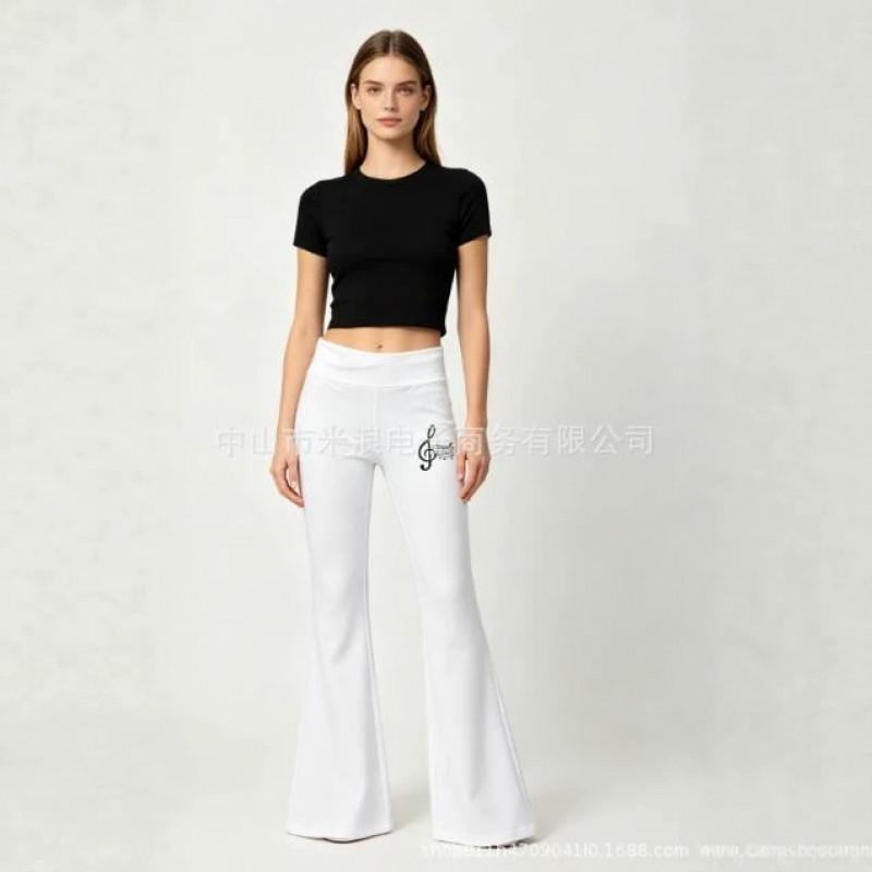 High-Waisted Retro Flared Pants With Treble Clef Print Women Streetwear Style Mid-Rise Straight Leg Trousers