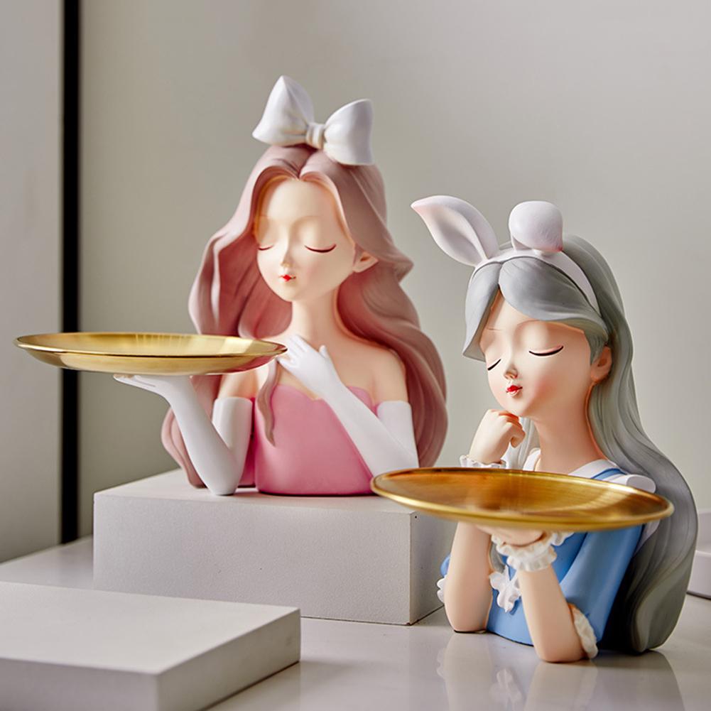 Cute Girl Key Holder Figurine Entrance Crafts Resin Table Sculpture Candy Sundries Household Supplies for Office Coffee Shop