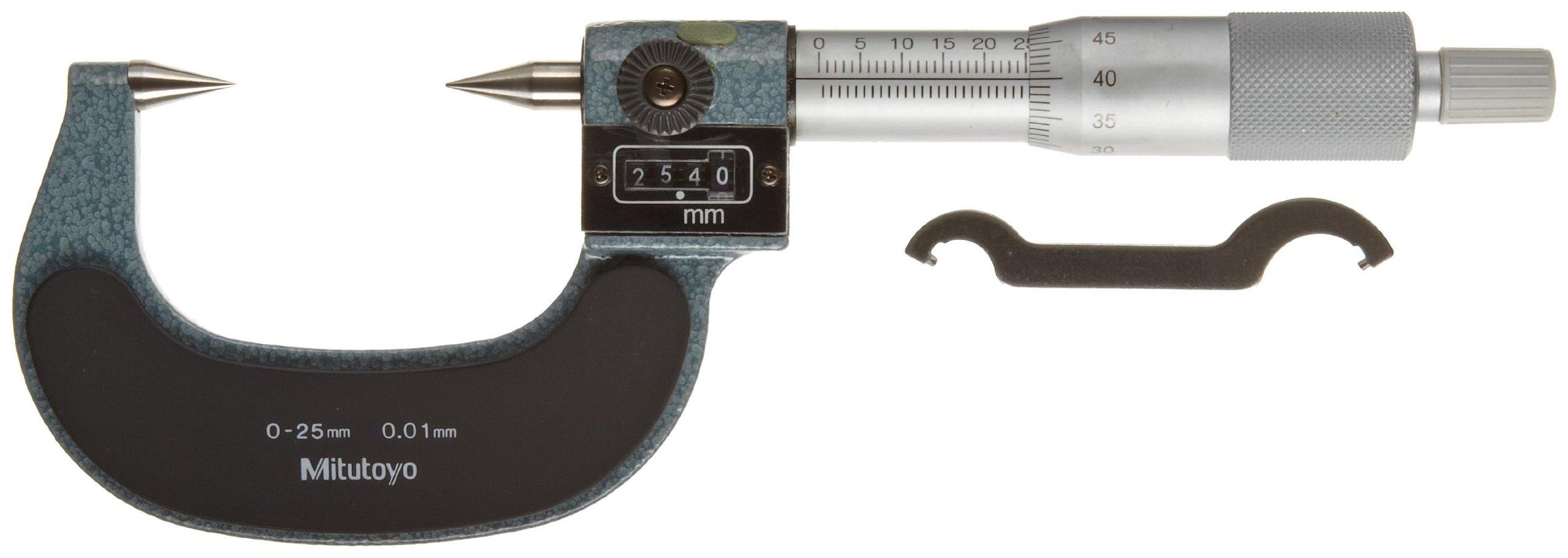

Mitutoyo 142-201 Point Micrometer, Mechanical Counter Model, Ratchet Stop, 0-25mm Range, 0.01mm Graduation, +/-0.003mm Accuracy