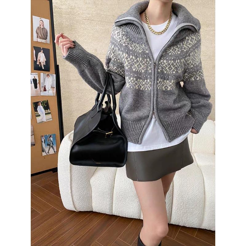 Korean Fashion Autumn Winter Zipper Cardigan Women Sweater Jacket Retro Printed Lapel Loose Knitted Coats Long Sleeve Office Fashion Elegant Clothing