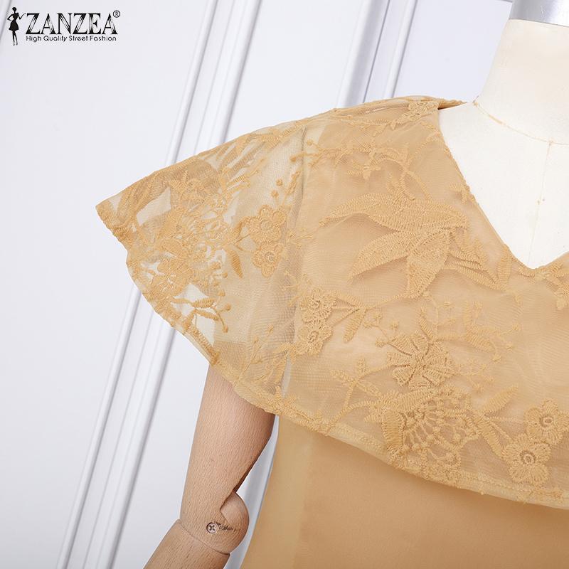 ZANZEA Elegant Women V Neck Short Sleeve Lace Patchwork Smooth A-line Dress Nonelastic