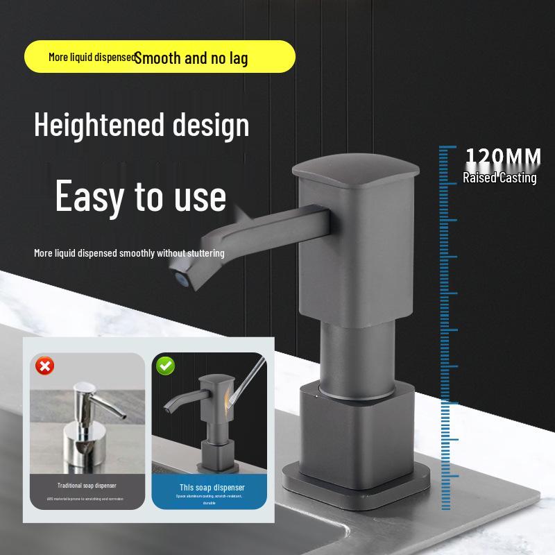 Space Aluminum Quick-Install Soap Dispenser with Extension Rod for Sink or Vegetable Washing Basin.