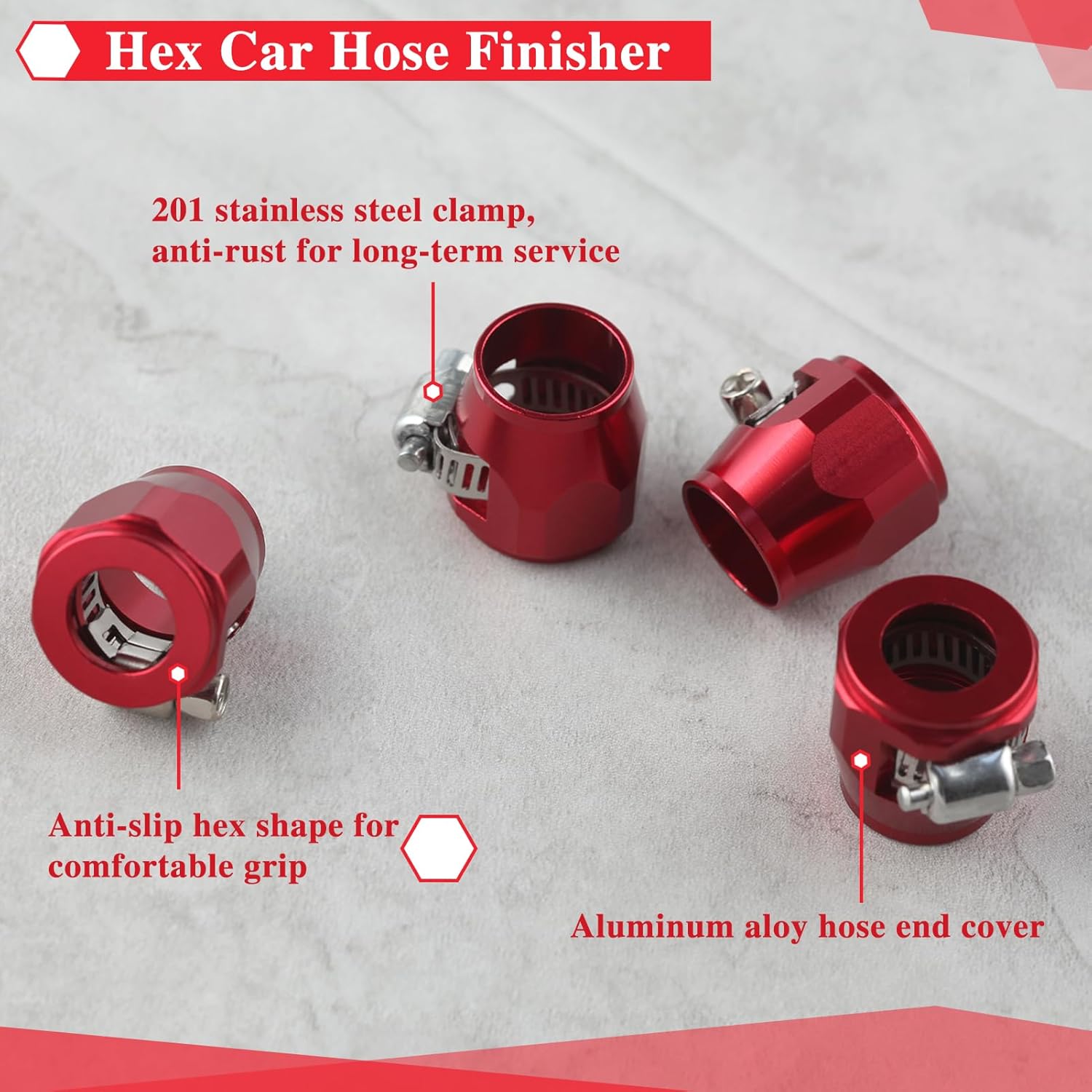 4PCS 8AN Flexible Rubber Hose Pipe Clamps, Hex Car Hose Finisher Clamp with Screw Band, Hose End Cover Aluminium Hose Connectors for 1/2 Fuel