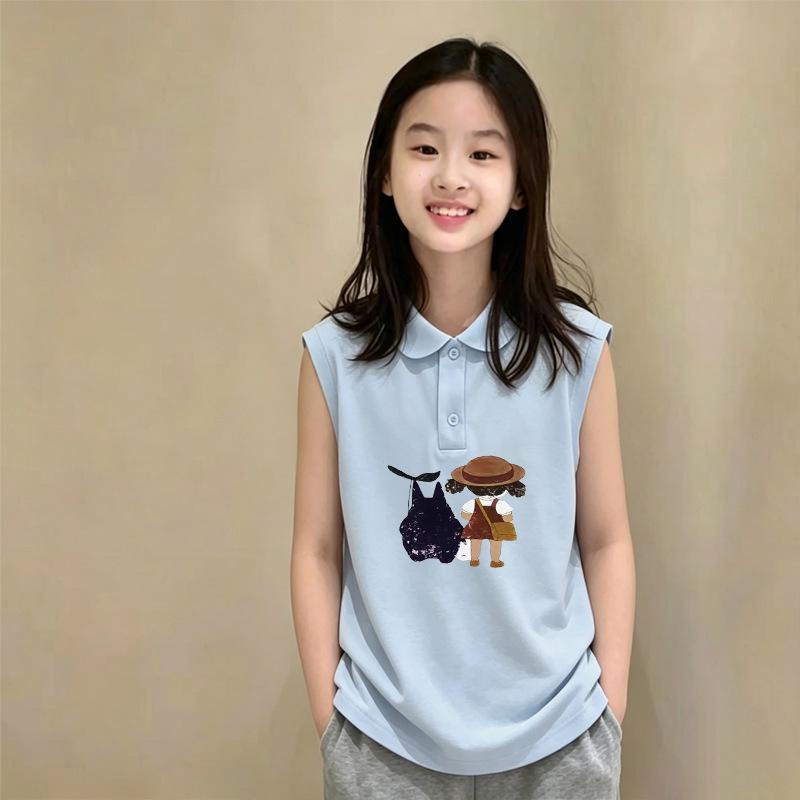 Korean Style Girls' Cotton Sleeveless Polo Vest, Thin Summer Design for Ages 6-12