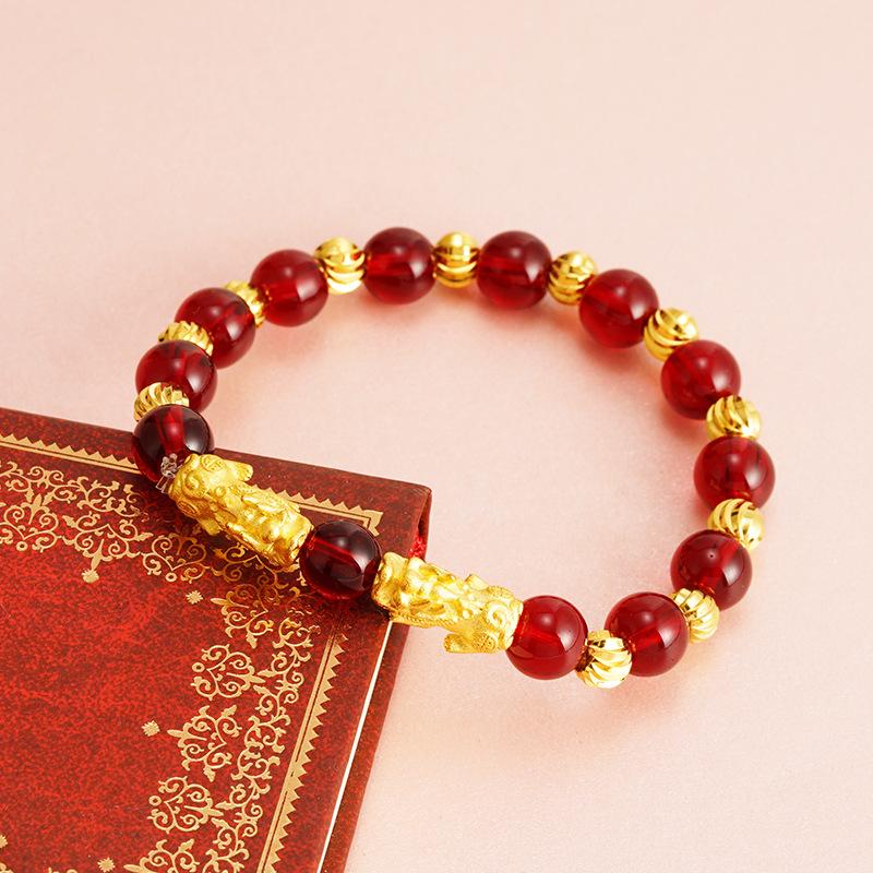 Gold Sand Double Pixiu Imitation Agate Chalcedony Bracelet for Women New Transformation & Fortune Bead Jade Imitation Garnet Bracelet