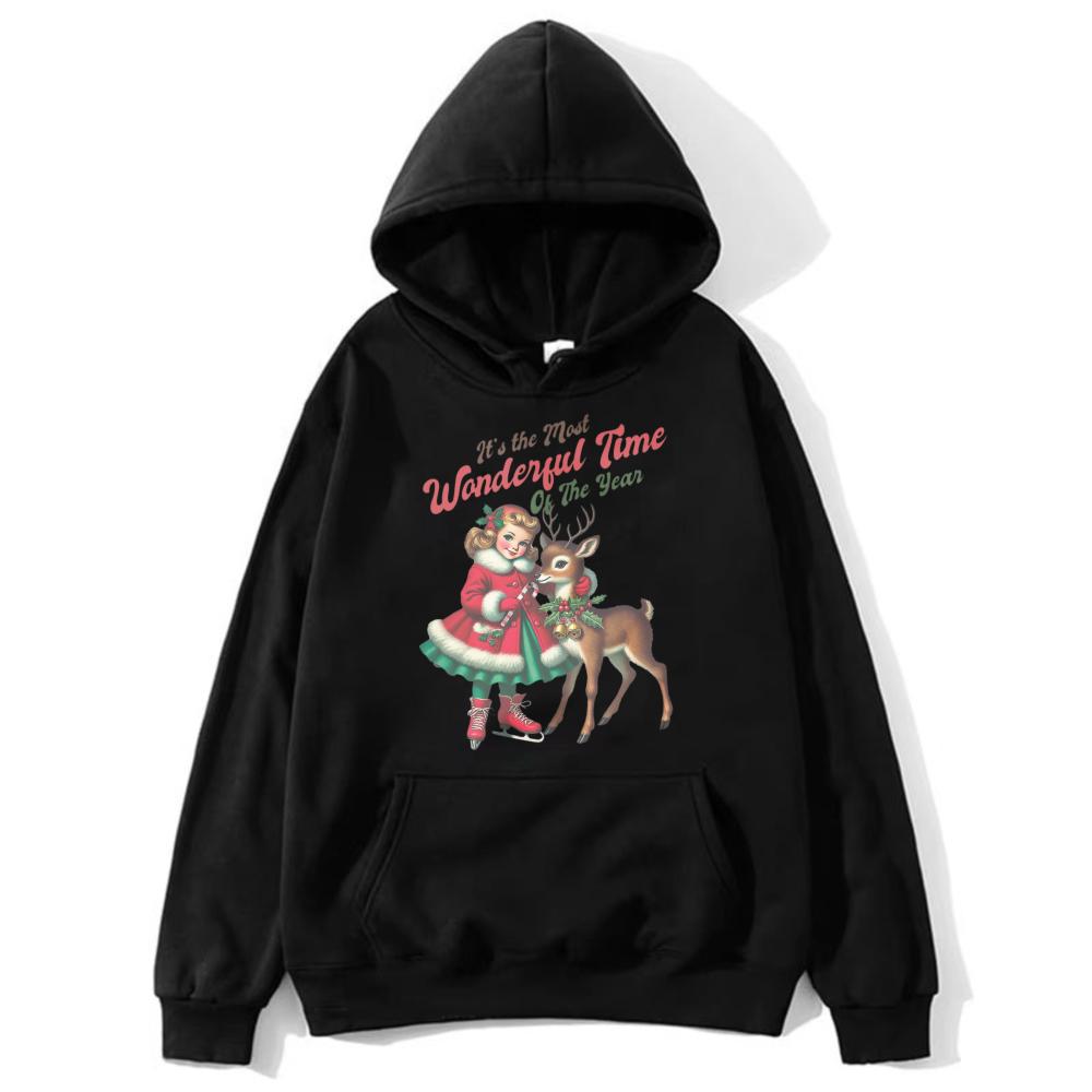 Vintage Christmas Girl Reindeer Print Hoodie Women It's the Most Wonderful Time of The Year Casual Long Sleeve Hooded Sweatshirt