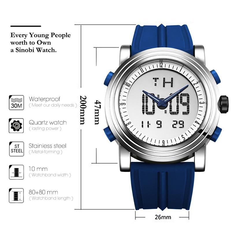 New SINOBI brand Sports Chronograph Men's Wrist Watches Digital Quartz double Movement Waterproof Diving Watchband Males Clock