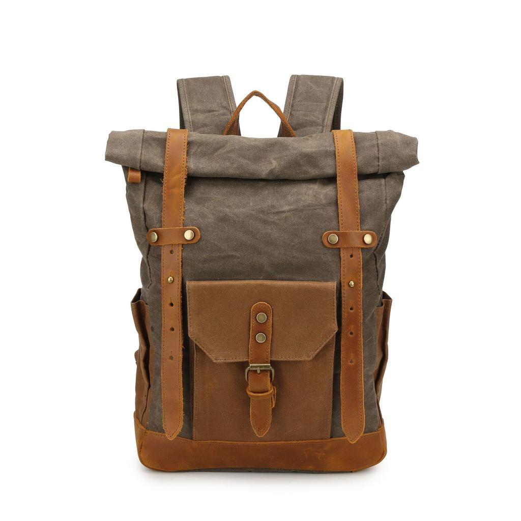 Retro Waxed Canvas Backpack with Leather Trim - Large Capacity, Pepper Salt Design, In Stock