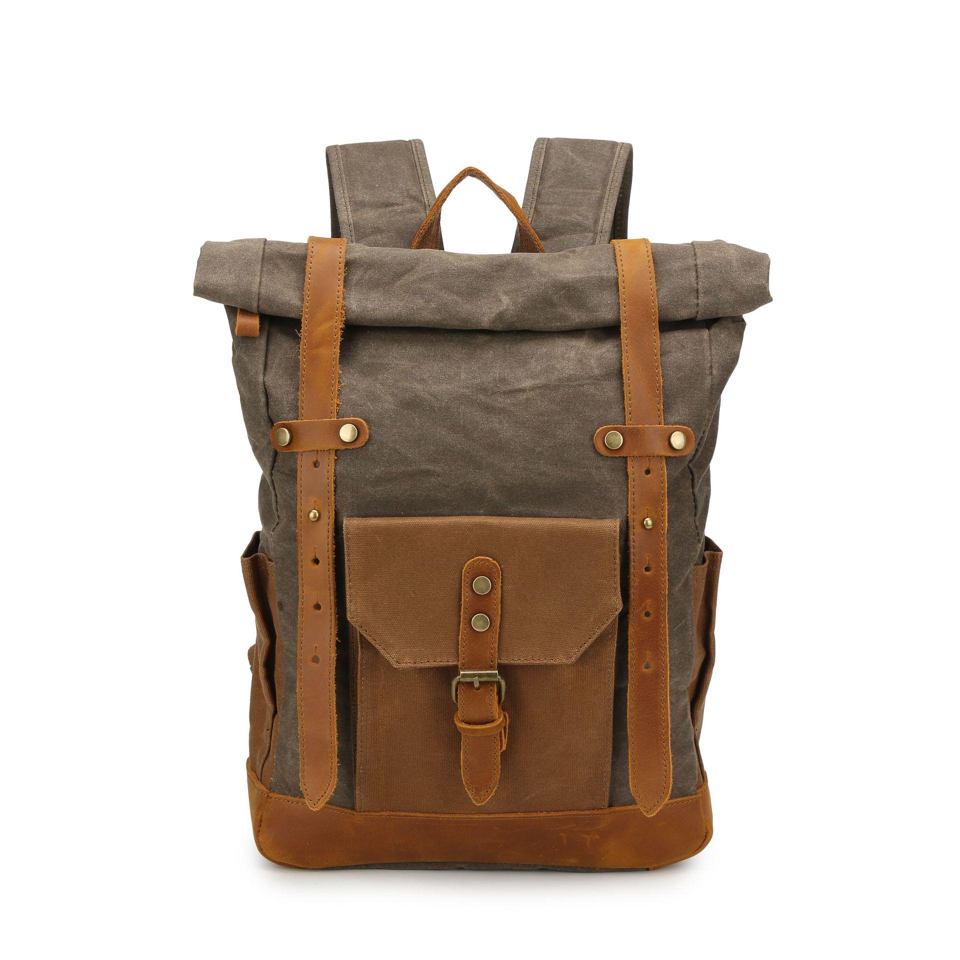 

Retro Waxed Canvas Backpack with Leather Trim - Large Capacity, Pepper Salt Design, In Stock армия зеленый
