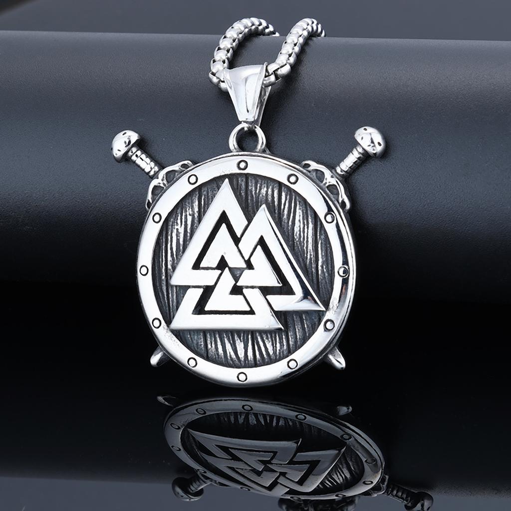 Viking Double Sword And Shield Pendant Necklace Stainless Steel Jewelry For Men Women
