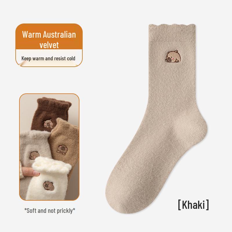 Women's Plush Embroidered Fleece-Lined Mid-Calf Socks - Cute Cartoon Design, Warm and Thick for Autumn and Winter.