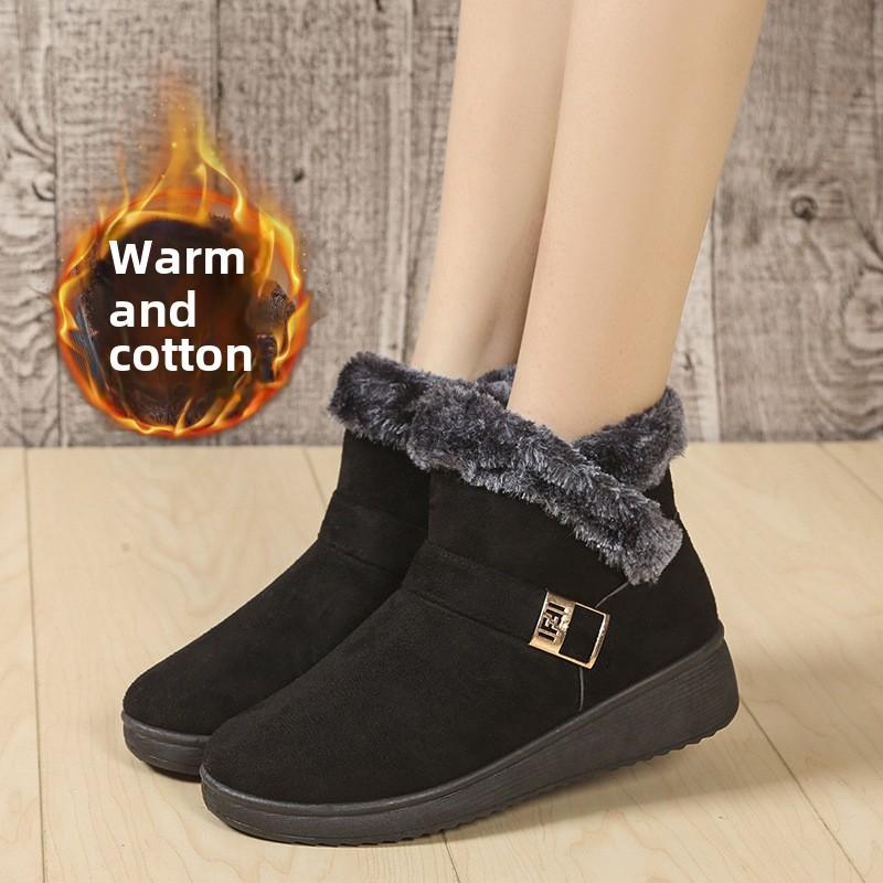 Fashion Warm Snow Boots for Fashion MATURE LEISURE Flat with Round Toe Buckle Strap Solid Casual Women Shoes Black