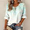 Women's Casual Floral Print Ruffled Blouse with Tie Neck and 3/4 Sleeves