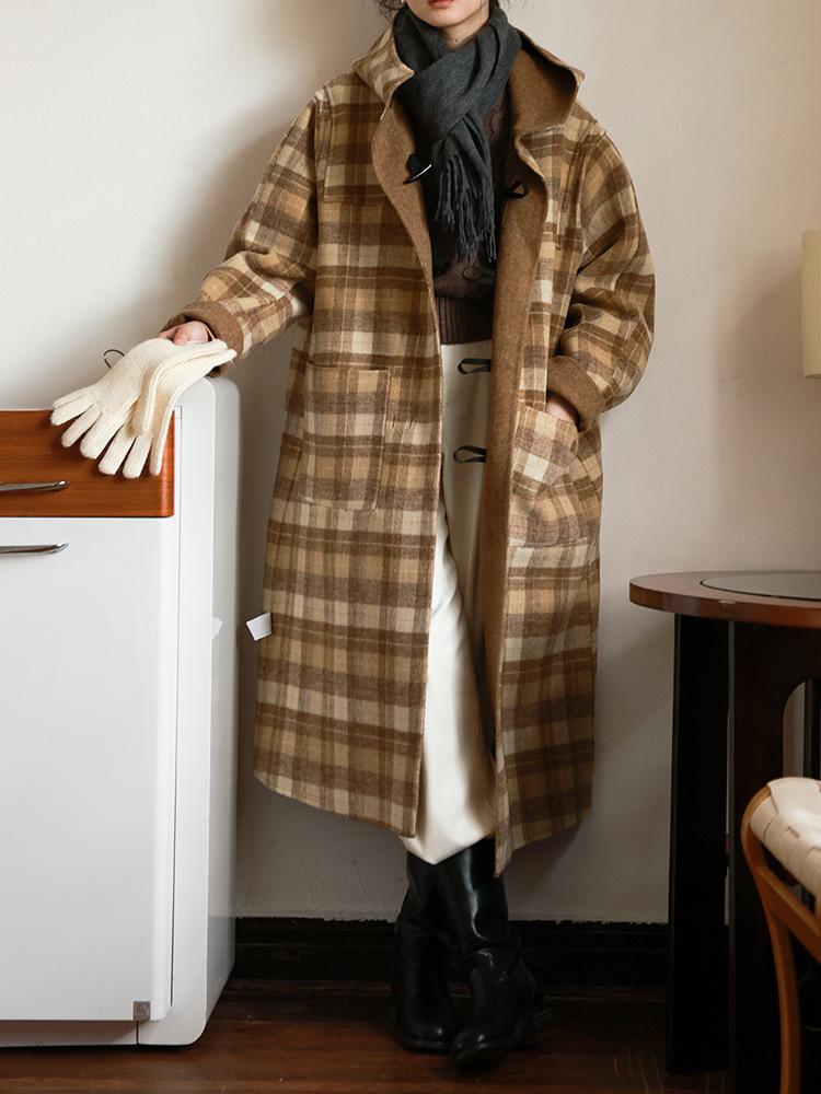 

High-end double-sided wool coat on both sides Women s medium and long plaid wool woolen coat S