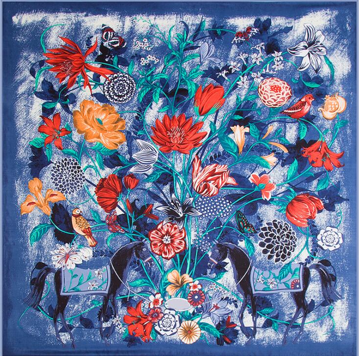 130cm*130cm Luxury Brand Twill Hijab Large Square Scarves Floral Horse Print Twill Shawls Bandana Silk Scarf For Women Headband