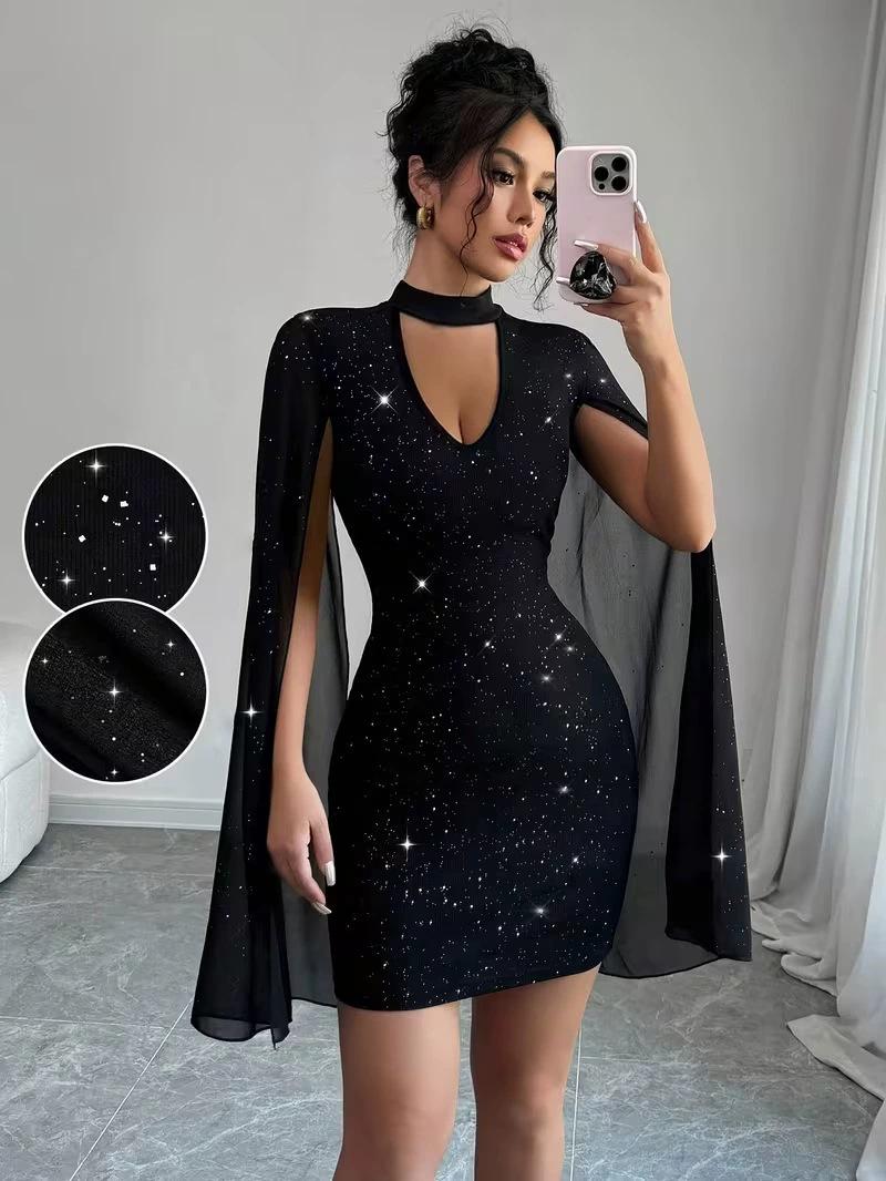 

Elegant Shimmer Halter Dress with Lantern Sleeves - Sexy Bodycon Party Skirt Large чёрный