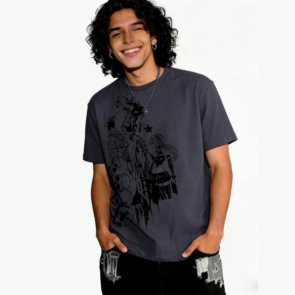 Dark-themed Skeleton Anime Print T-Shirt for Men | American High-Street StyleLoose-Fit Short-Sleeve Trendy Post-Apocalyptic Style Short-Sleeve T-Shirt