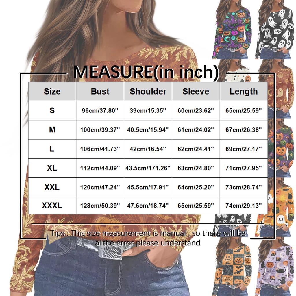 Women's Fashion Long Sleeve Neck Top with Slit Hem Halloween Print for Fall Party Occasion Wear