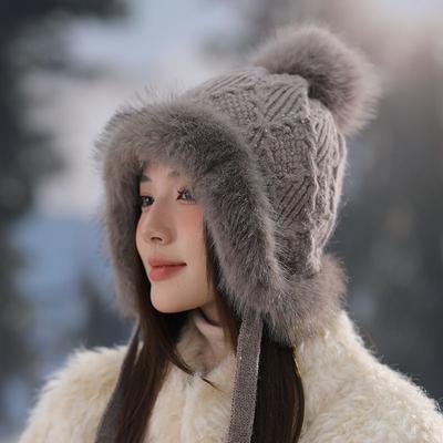 Hüte für Damen Herbst und Winter Reiten Winddicht Plus Pompon Strickmütze Verdickter Ohrenschutz Warme Mütze