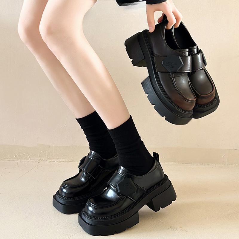 Authentic Leather Shoes Women's Spring New Chunky Heel Platform Loafers Platform Shoes Mary Jane Shoes High Heels