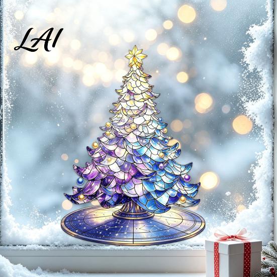 Colorful Tree Wall Art Stained Glass Style Christmas Static Window Cling Gradient Starry Sky Decorative Atmosphere Accents Xmas Sticker Reusable PVC