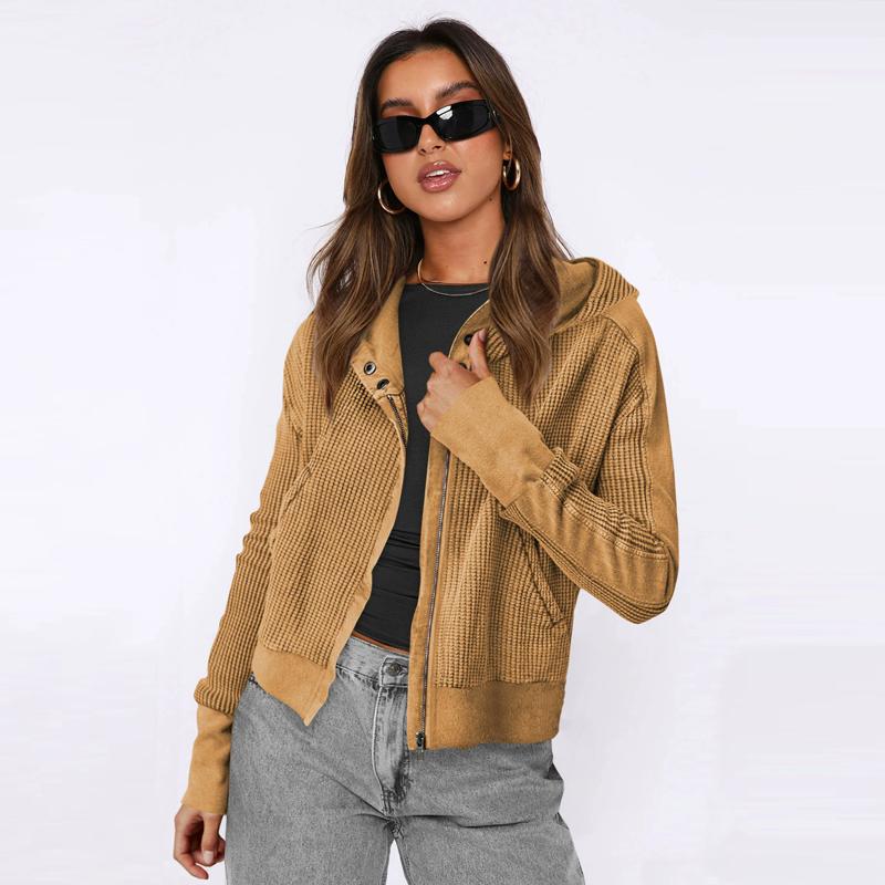 Autumn Winter Fashion Women's Hoodie Sweatshirts Patchwork Hooded Jacket Zip-Up Hoodie Cropped Knit Outerwear Y2K Coat
