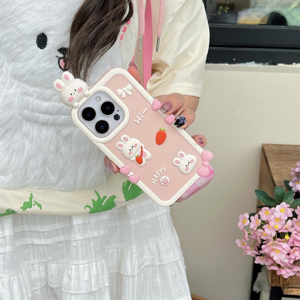 For iPhone 16 Pro Max Silicone Case Cute 3D Cartoon Carrot Rabbit Design Shockproof Phone Back Cover